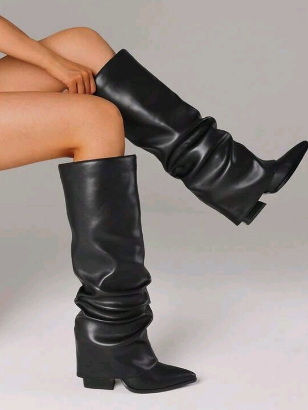 Classic Black Slouch Leather Knee Boots - Women